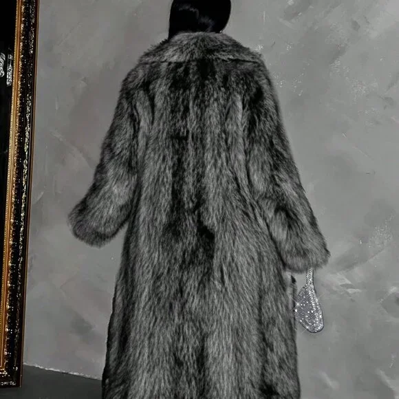 Black And White Preppy Women's Faux Fur Long Coat